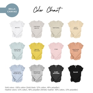 K&ouml;nnte beinhalten: Farbkarte mit 12 verschiedenen T-Shirt-Farben. Die Farben sind: Wei&szlig;, Vintage Wei&szlig;, Natur, Weiche Creme, Heather Eisblau, Maisgelb, Rosa, Heather Pfirsich, Heather Prismablau, Athletisches Heather, Dunkel Heather und Schwarz. Einfarbige Farben sind 100% Baumwolle, Schwarz ist 52% Baumwolle und 48% Polyester. Heather-Farben sind 52% Baumwolle und 48% Polyester, Athletisches Heather ist 90% Baumwolle und 10% Polyester.