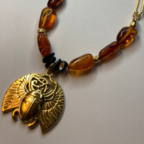 AMBER long necklace and Egyptian Scarab