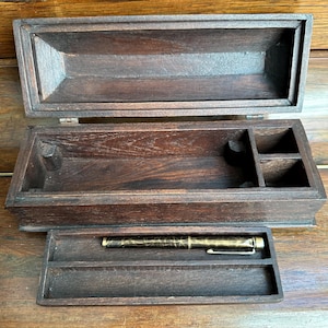 Vintage Wooden Writing Box – Classic Pen Case with Removable Tray – Dark Wood Desk Organizer