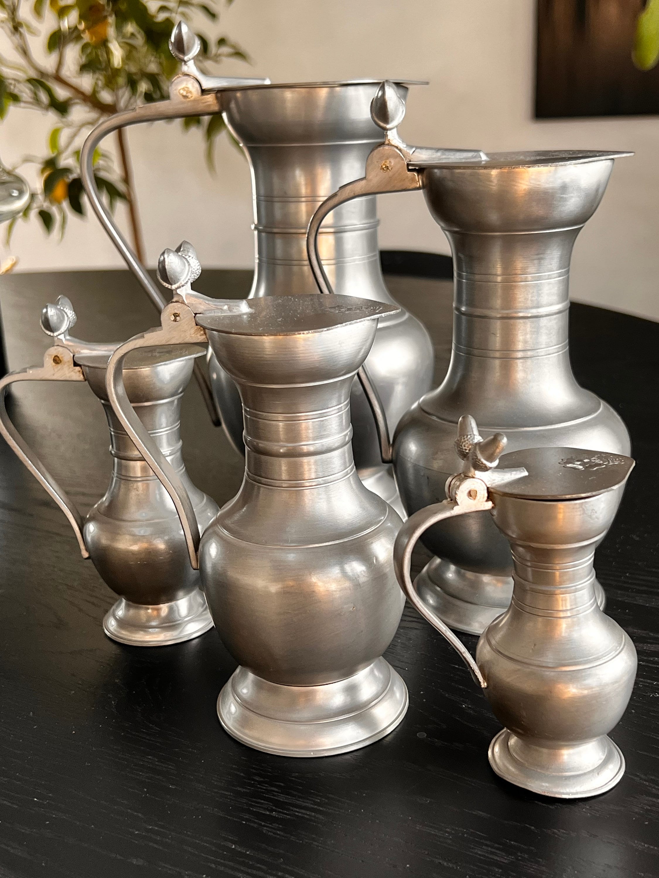 Antique Pewter Pitcher Set of 5 | Acorn Finials | Belgian Ale Jugs