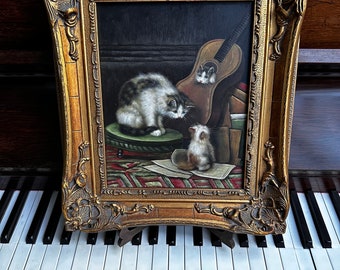 Een kattenconcert - kittens en muziek - olieverf op hout - barokke lijst - Purrfect cadeau