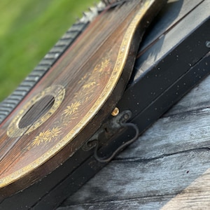 Può includere: Una cetra vintage poggia su una custodia nera contro uno sfondo verde sfocato. Lo strumento presenta una finitura in legno scuro con accenti floreali dorati e numerose corde. La custodia ha una chiusura e una maniglia in metallo, suggerendo che sia progettata per essere portatile.