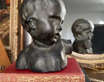 Bust of Girl in Golden Plaster - Child Sculpture Reading -statue