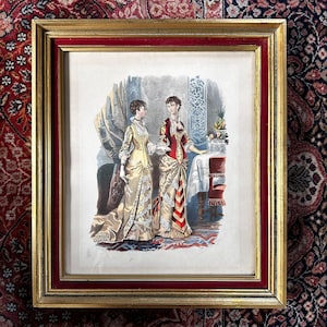 La mode illustrée - cornice in velluto rosso/oro - fashionista - litografia vintage