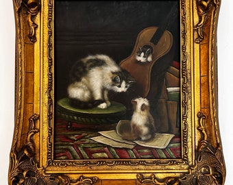 A cat concerto - kittens and music - oil painting on wood - Baroque frame - Purrfect gift