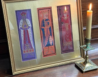 Vintage Three Kings Embroidered Triptych - Mid-Century Christmas Textile Art in Gilt Frame