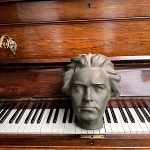 Può includere: Un busto grigio di un uomo con i capelli ricci poggia sui tasti di un pianoforte. Il pianoforte è in legno scuro con finitura lucida. I tasti sono bianchi e neri. Lo sfondo comprende opere d'arte incorniciate e libri.