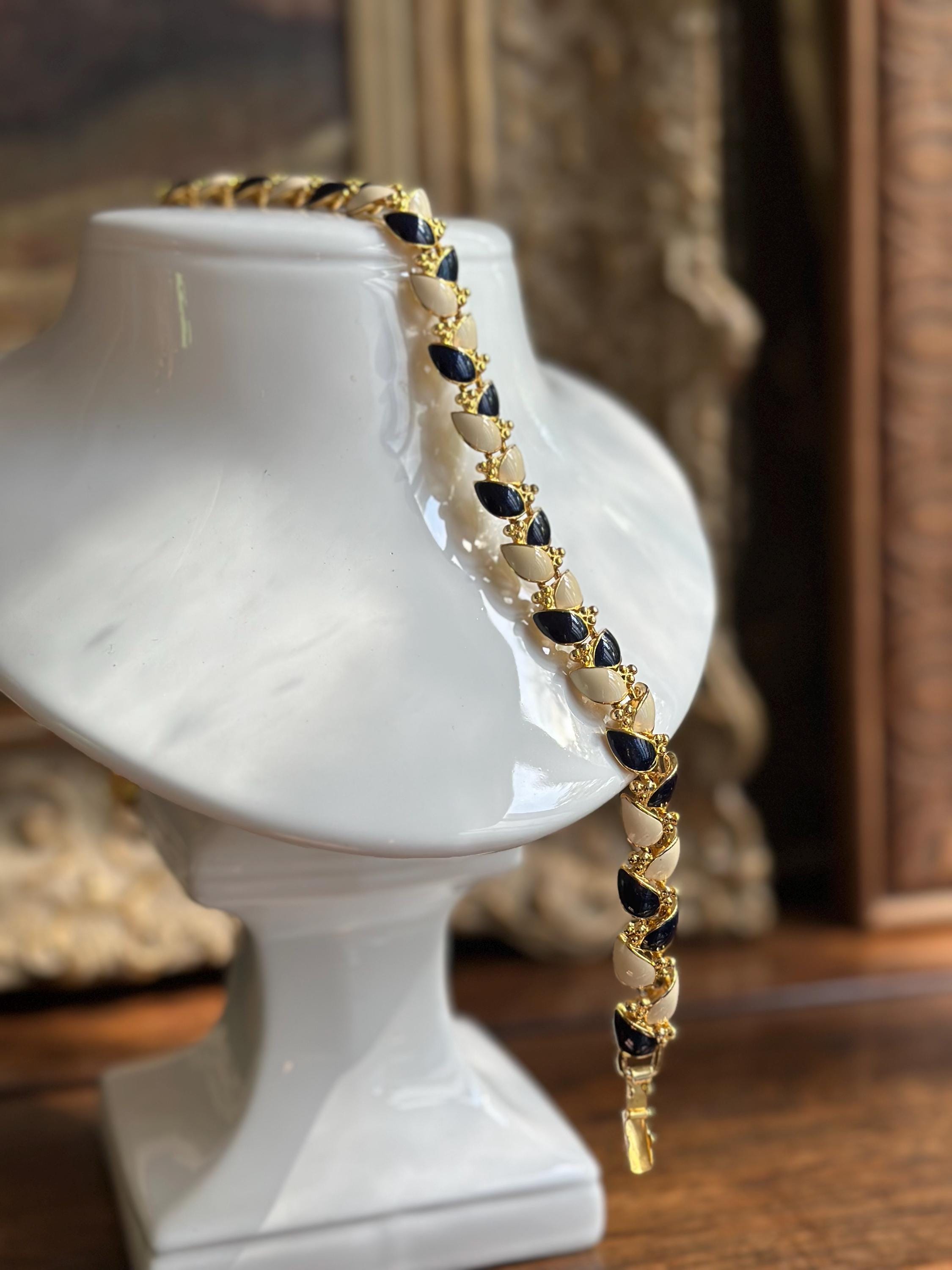 Vintage Krementz Enamel Necklace – Midnight and Ivory Leaves | 42 cm