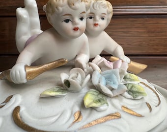 Antique Bisque Porcelain Cherub Bonbonnières: Rococo Keepsake Jars (Pair)