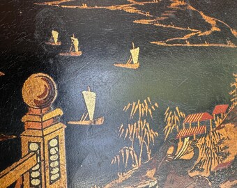 Antique Japanese Lacquer Box: Hand-painted Meiji Scene, Tea Caddy