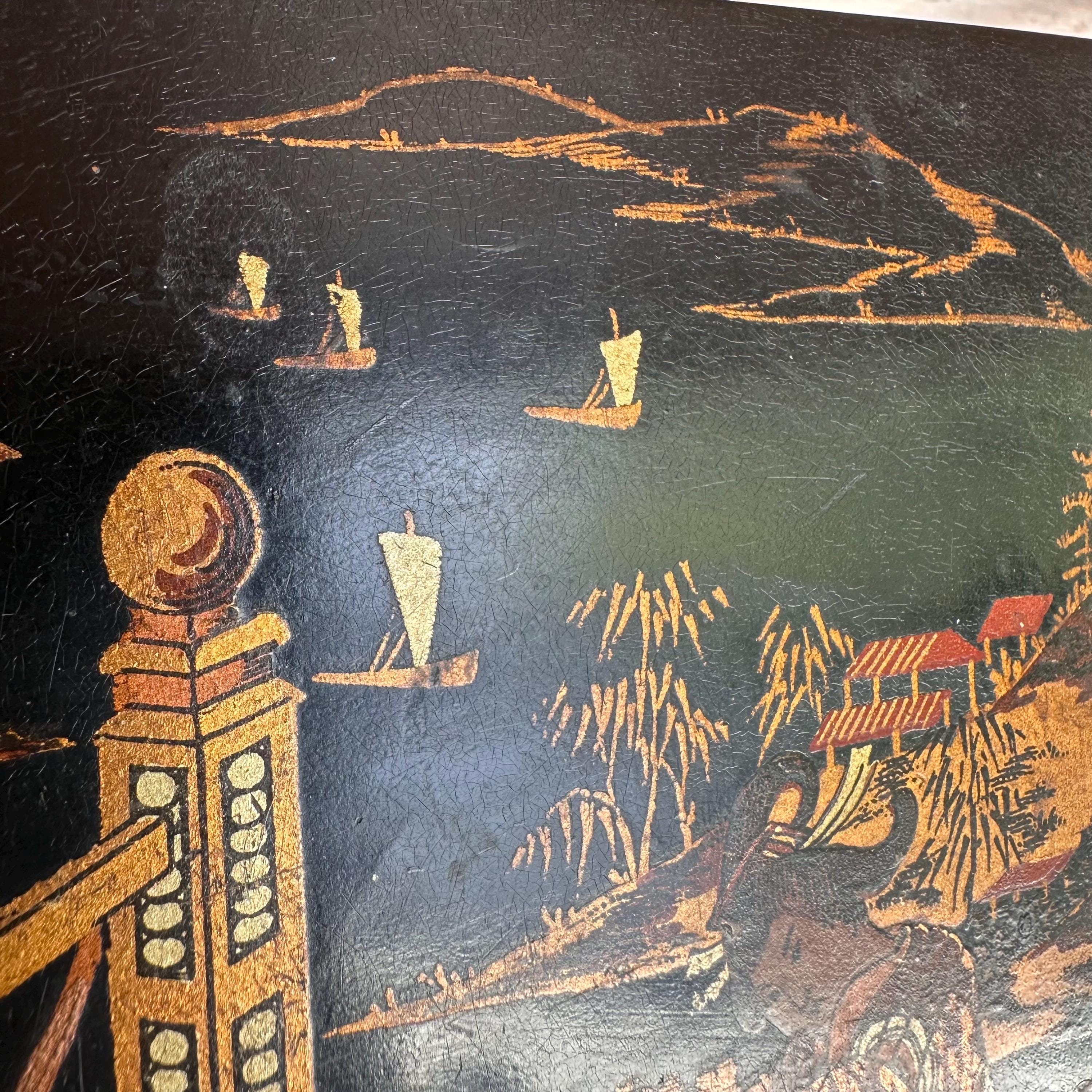 Antique Japanese Lacquer Box: Hand-painted Meiji Scene, Tea Caddy
