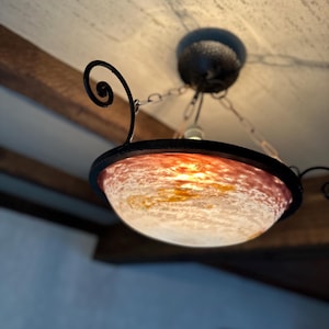 Authentic Art Deco Ceiling Lamp – Handcrafted Lorraine Glass & Wrought Iron Frame (ca. 1930s)