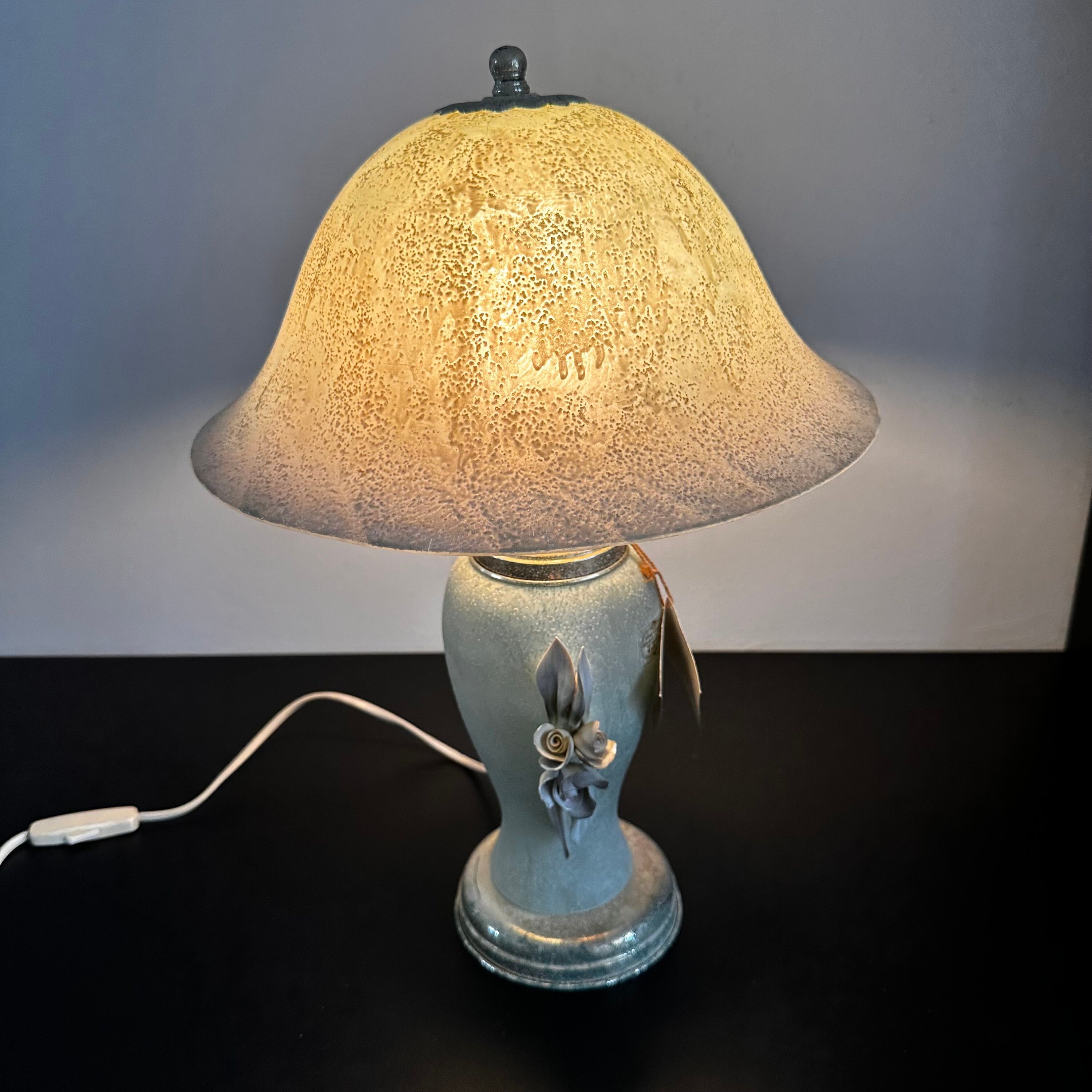 lampe champignon vintage de murano, italie - verre vert pastel fabriquée par les maîtres capodimonte avec étiquette garantie d'origine