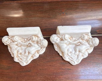 Pair of Vintage Cherub Wall Shelves – White Rococo Putti Consoles – Angel Décor