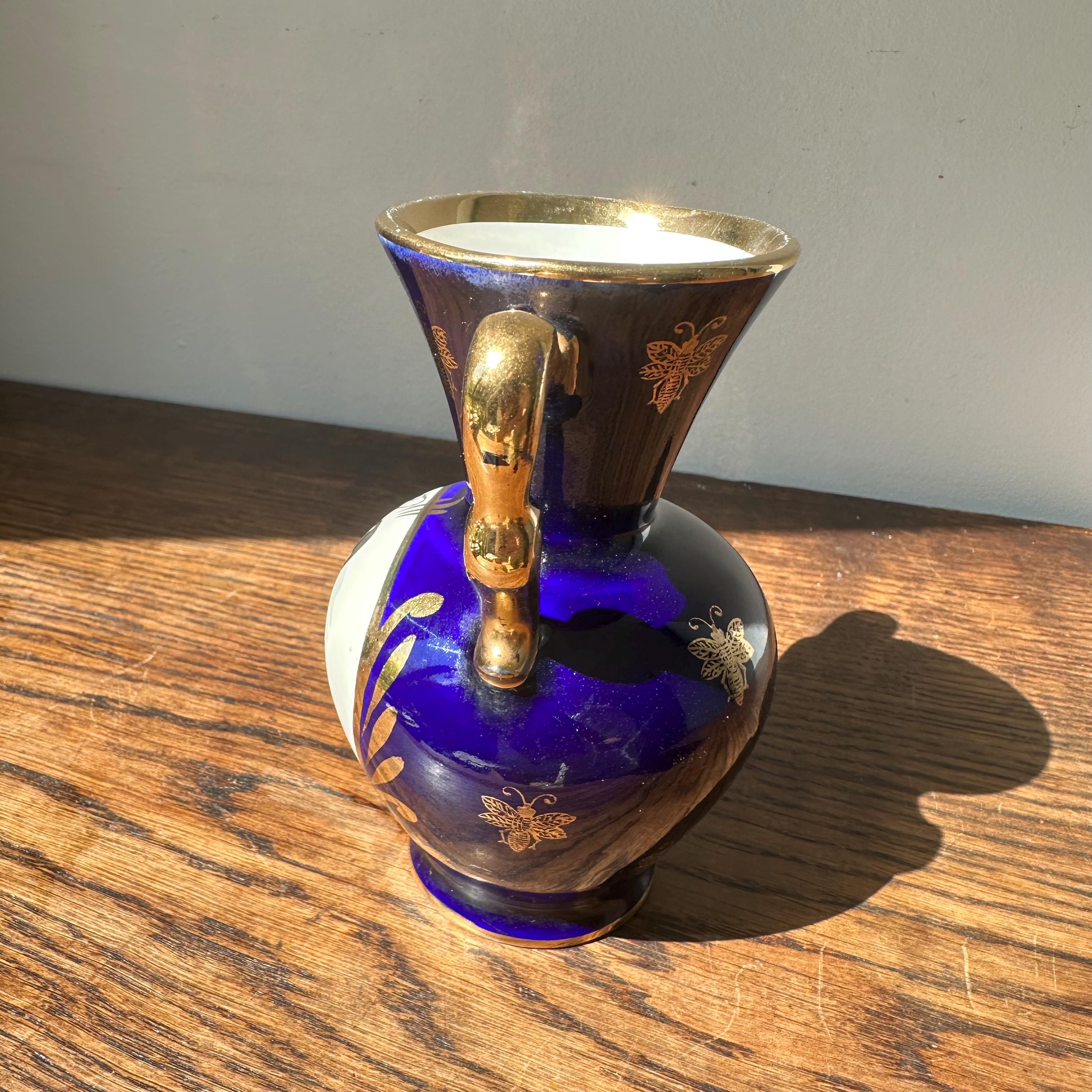 Vintage French Napoleon Vase: Cobalt Blue, Gilded Bee Motif