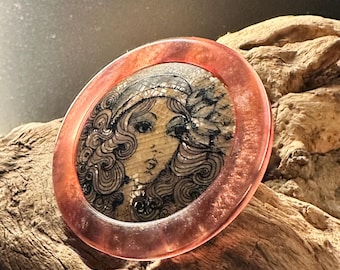 Vintage Lea Stein Paris Brooch: Art Nouveau Muse Portrait, Pink Cellulose Acetate