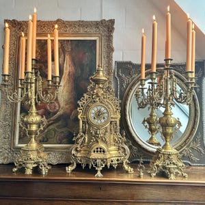 Antique French Bronze Cathedral Clock With Matching Candelabras