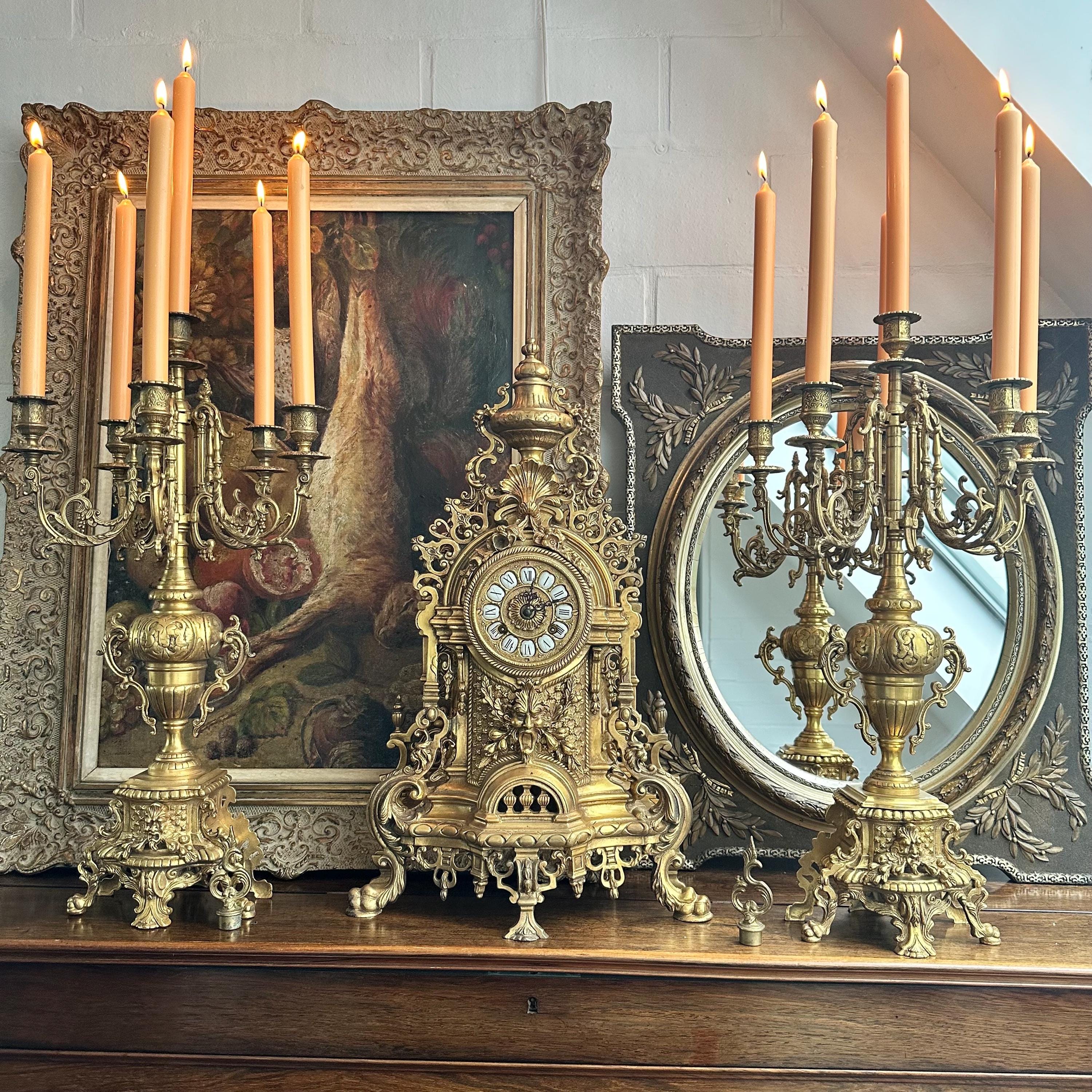 Antique French Bronze Cathedral Clock With Matching Candelabras