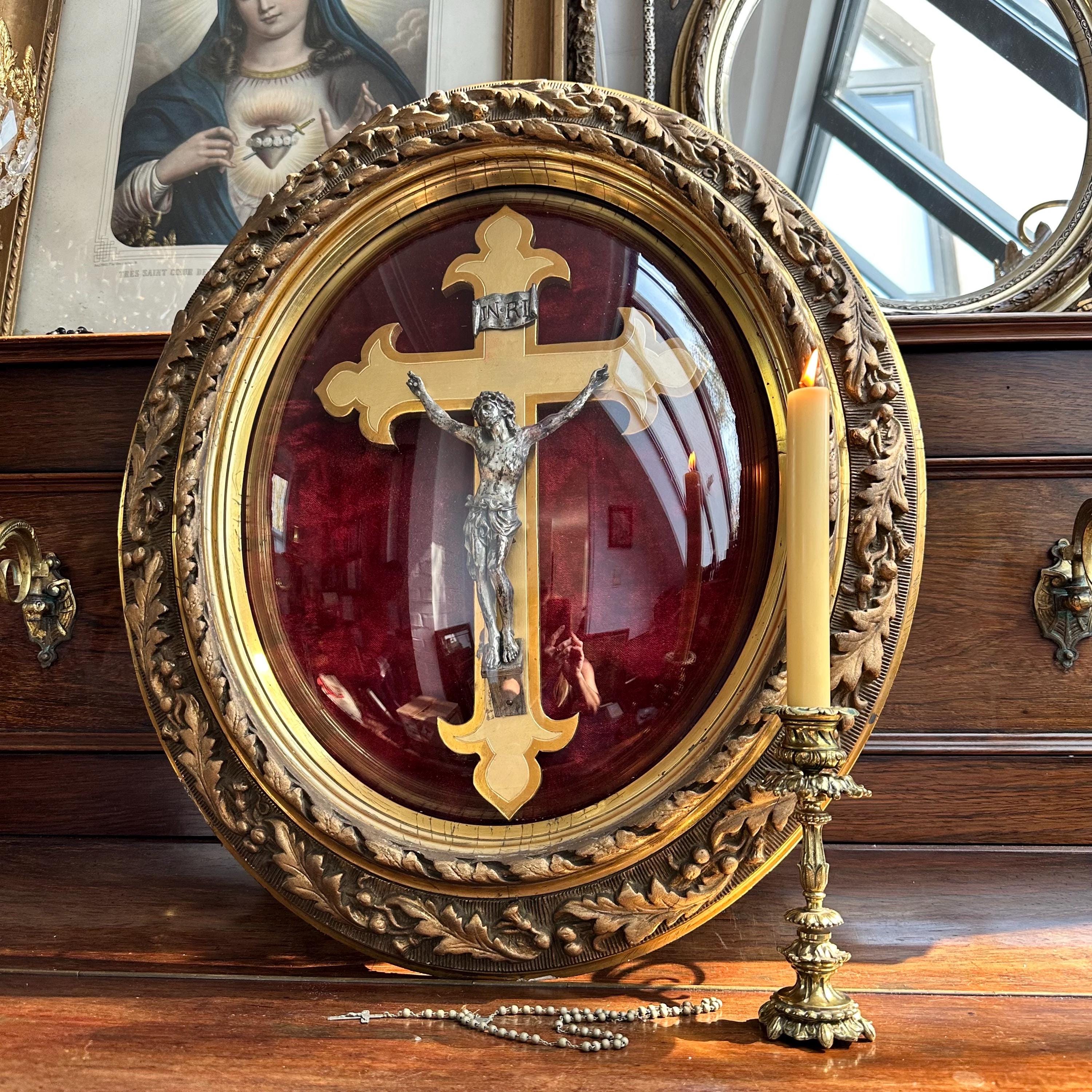 Antique Crucifix: 19th Century Gilded Velvet Shadowbox, Catholic