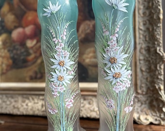 Mont Joye Vases Pair | Art Nouveau Frosted Glass, Enamel Alpine Flowers