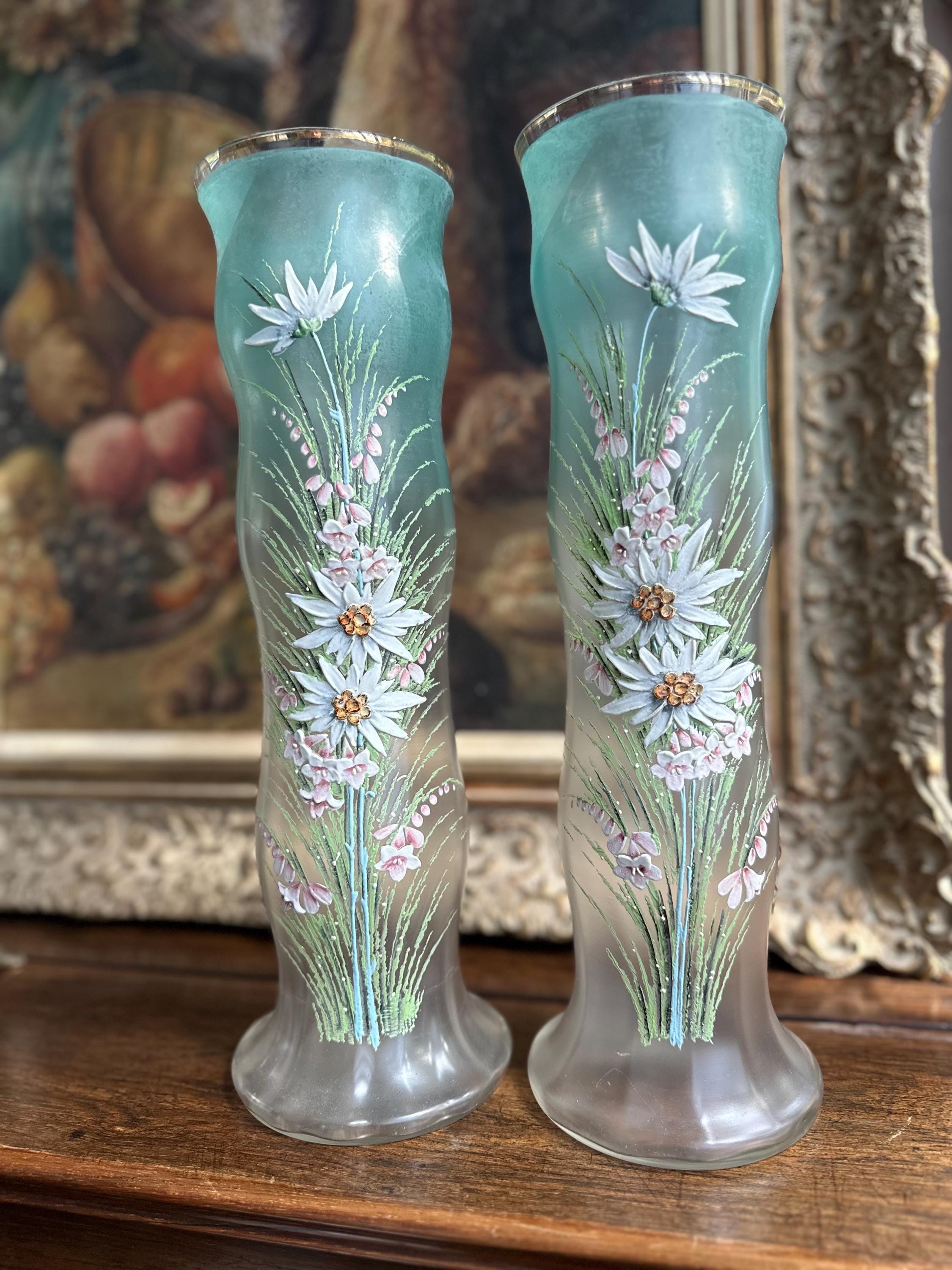 Mont Joye Vases Pair | Art Nouveau Frosted Glass, Enamel Alpine