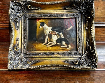 Schitterend Engels olieverfschilderij foxhounds - Jachtgenoten buiten dienst - Biggs and Sons frame