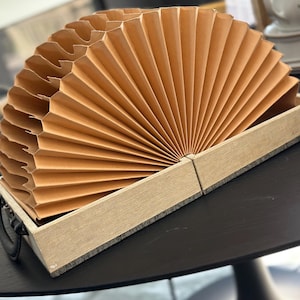 May include: A tan accordion file folder sits inside a light-colored rectangular box with a handle. The file folder is fanned out, displaying multiple sections. The box is on a black table.