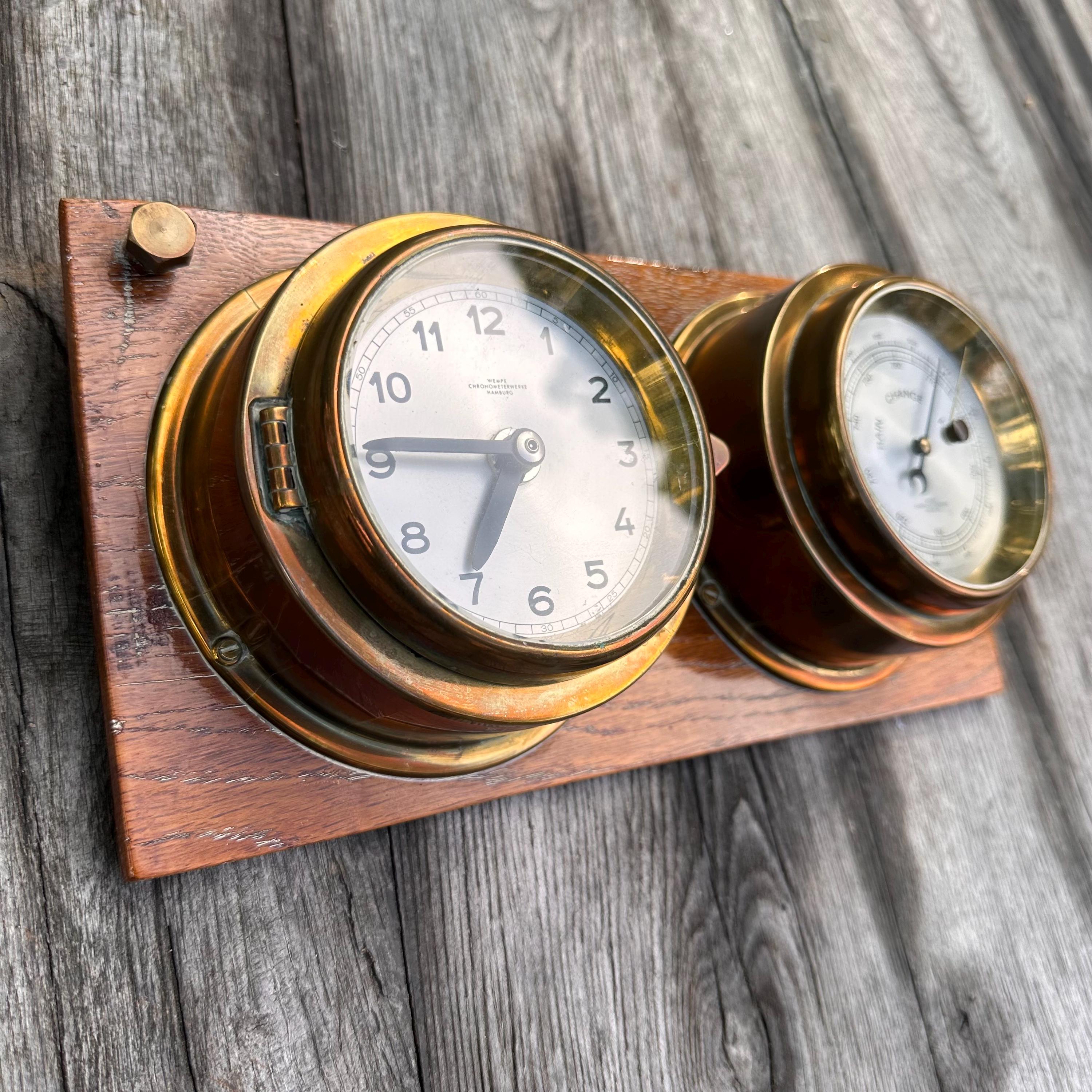 Wempe Hamburg Brass Ship Clock & Barometer Set – Vintage Nautical