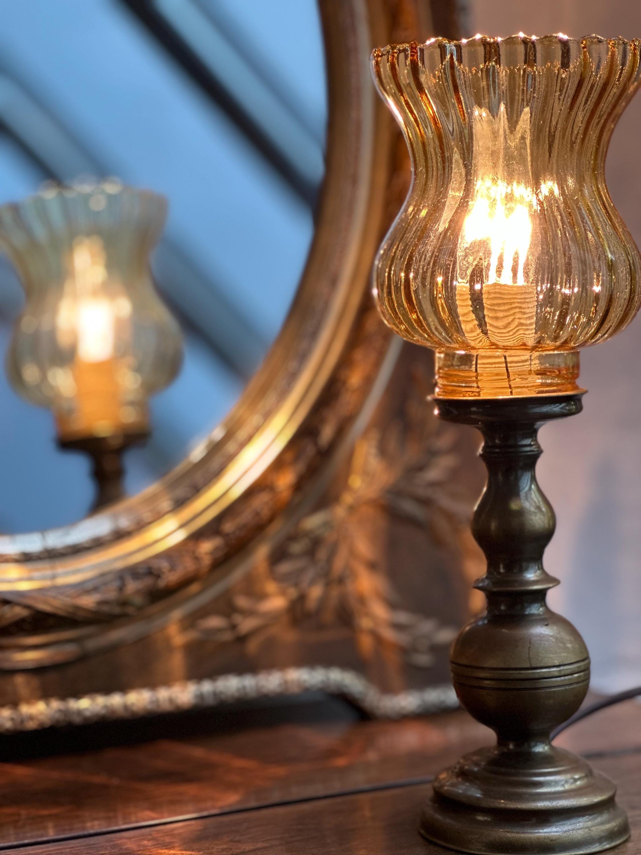 Lampe De Table Liberty En Laiton, Abat-jour Avec Verre Ambre Et Vert, Style Vintage