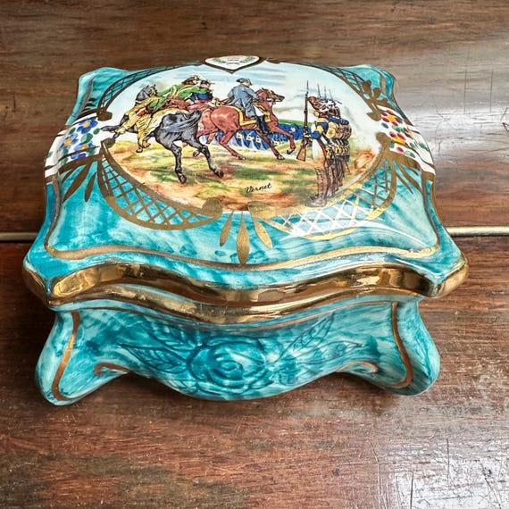 Vintage Belgian Ceramic Trinket Box: Napoleonic Battle of Jena