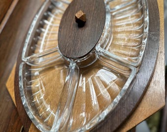 Mid-Century Lazy Susan Partytablett: Teak & Nussbaum, Glasschalen, 1960er Retro