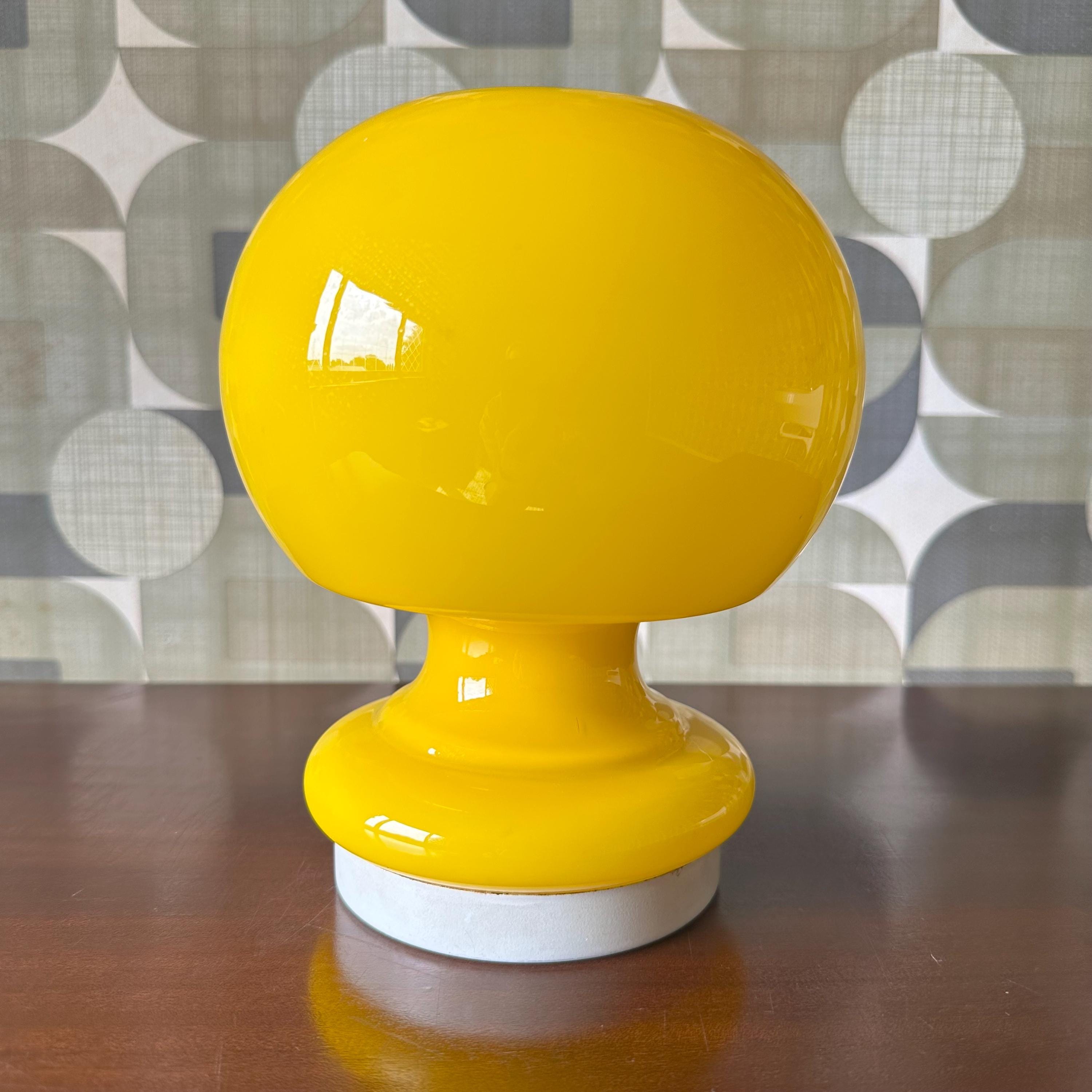 Lampe Champignon Jaune Vintage - De Table En Verre Opalin Space Age Des Années 1970