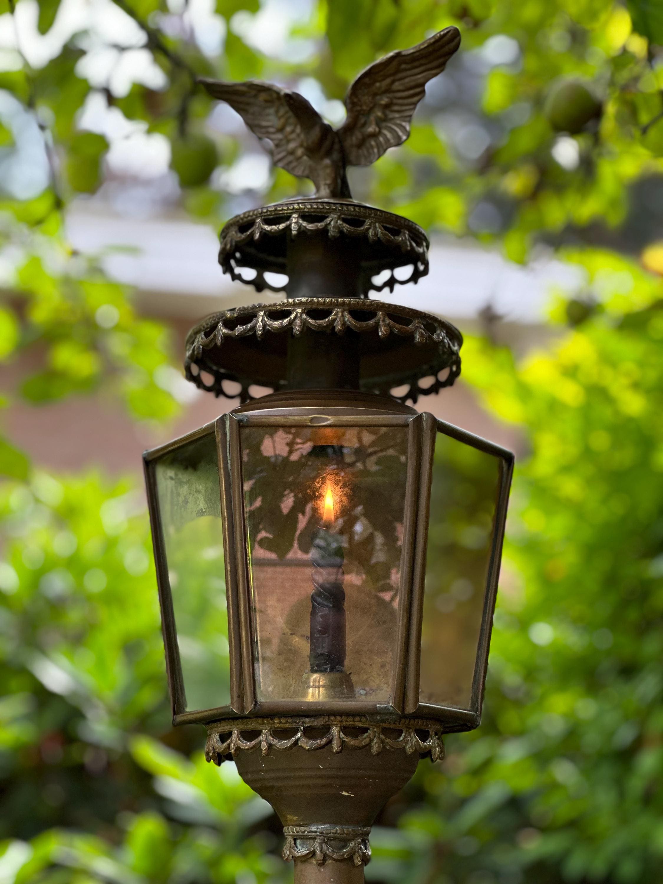Antique Copper Carriage Lantern With Eagle Finial - Windproof