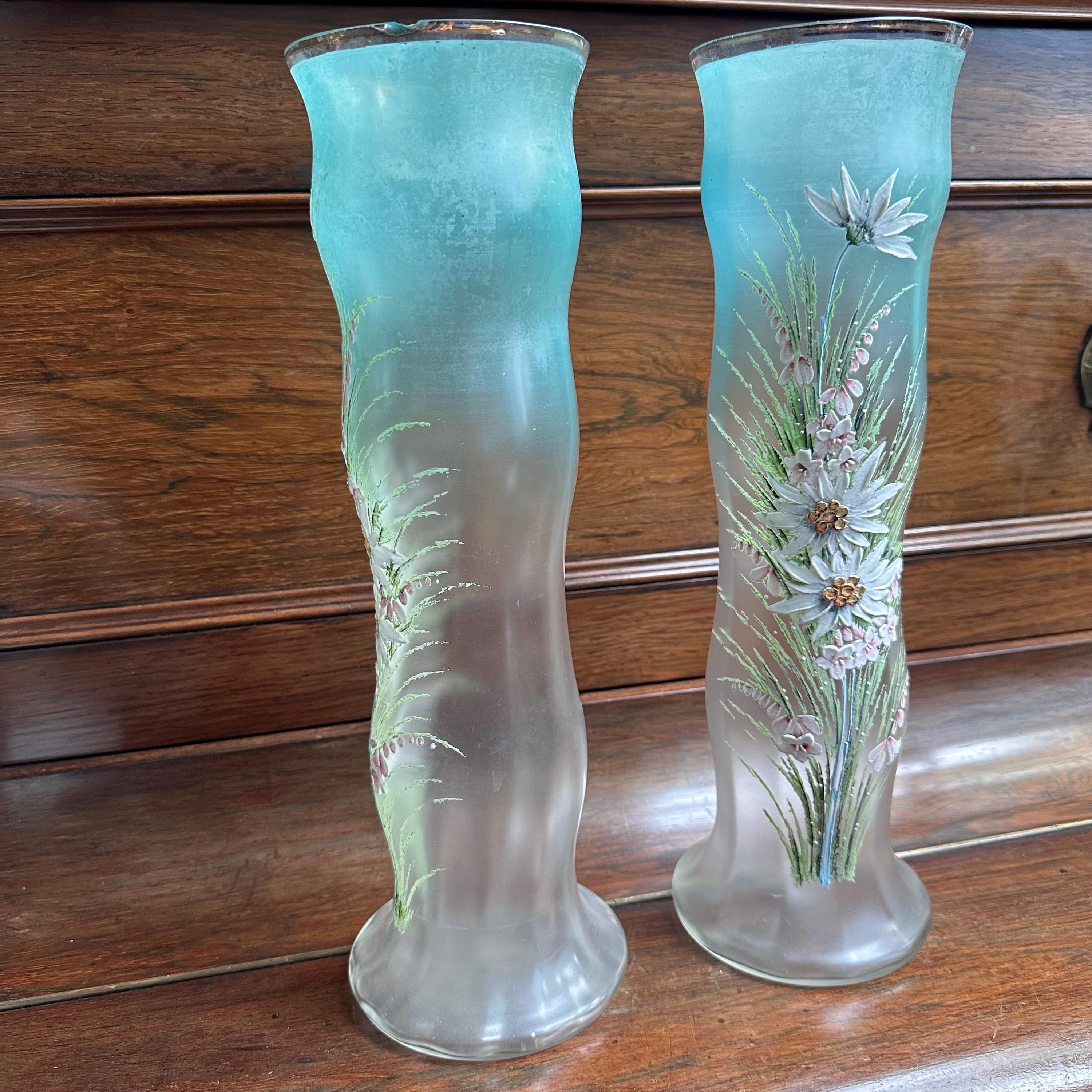 Mont Joye Vases Pair | Art Nouveau Frosted Glass, Enamel Alpine