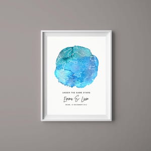 Benutzerdefinierte Aquarell Sternenkarte, personalisierter Nachthimmel Druck, Geschenk zum 1., 7., 9., 10