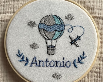 Personalisierter Heißluftballon Stickrahmen - Benutzerdefinierte Name Kinderzimmer Dekor