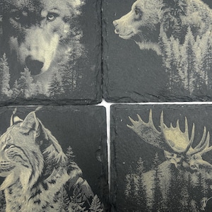 May include: A set of four square black slate coasters featuring laser-engraved wildlife illustrations. The designs include a wolf, a bear, a lynx, and a moose, each layered over a detailed forest landscape with pine trees and mountain silhouettes.