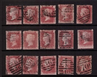 Grande-Bretagne 1864 Reine Victoria 15 x penny red spacefillers, secondes, timbres oblitérés collection/art/collage