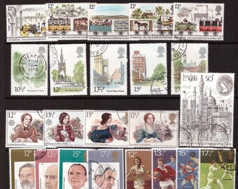 1980 GB British Vintage gebrauchte Briefmarken 7 volle Sets für Sammeln/Collage/Kunst/Handwerk