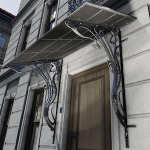 Original forged canopy in Art Nouveau style, Wrought iron entrance visor, Modern style, The roof measures 44,5 x 35 inches.