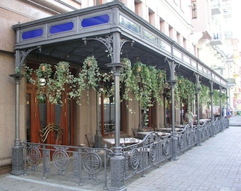 Wrought Iron Entrance Visors, Forged Railing on the Terrace, Forged Awnings