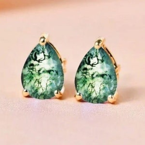 Natural Moss Agate Pear Stud Earrings, Green Gemstone Jewelry, Minimalist Crystal Studs, Moss Agate Jewelry, Everyday Earrings, Women&#39;s Stud