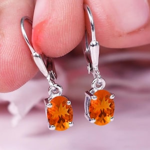 Beautiful Fire Opal Leverback Earrings, Opal oval EverydayEarrings, WeddingEarrings For Women, Orange Gemstone Earring, Drop & DangleEarring