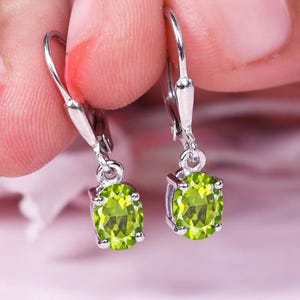 Oval Peridot Wedding Earrings, Leverback Earrings, Anniversary Birthday Gift For Wife, Drop And Dangle Earrings, Peridot Jewelry,GiftForLove