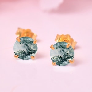 Natural Moss Agate Earring, Women&#39;s Everyday Studs, Wedding Gift, Agate Round Earring, Stud earrings, Moss Agate Gold Earring, Natural Stone