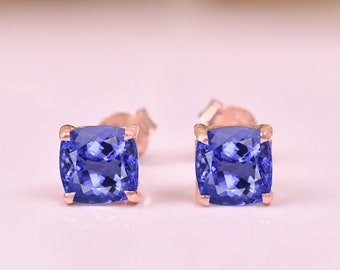 Tanzanite Cushion Earrings, Personalized Gifts, Unique Blue Gemstone Stud, Minimalistic Earring, Birthstone Jewelry, Yellow Gold Stud, Gifts