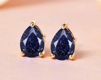 Pear Cut Blue Sandstone Stud Earrings: 925 Sterling Silver (7x5MM)
