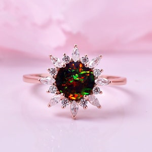 Natural Black Opal Women&#39;s Ring, Engagement Ring, Bridesmaid Gifts, Black Gemstone Ring, Black Opal Halo Ring, Gift For Her, Ring For Women