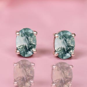 14k Moss Agate Stud Earrings, Agate Oval Stud, Everyday Earrings For Women, Bridal Gifts, Rose Gold Earrings, Agate Birthstone Stud,