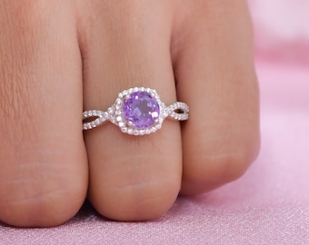 Bague Solitaire Améthyste Rose De France - Monture Argent Sterling Plaqué Platine - Taille 7